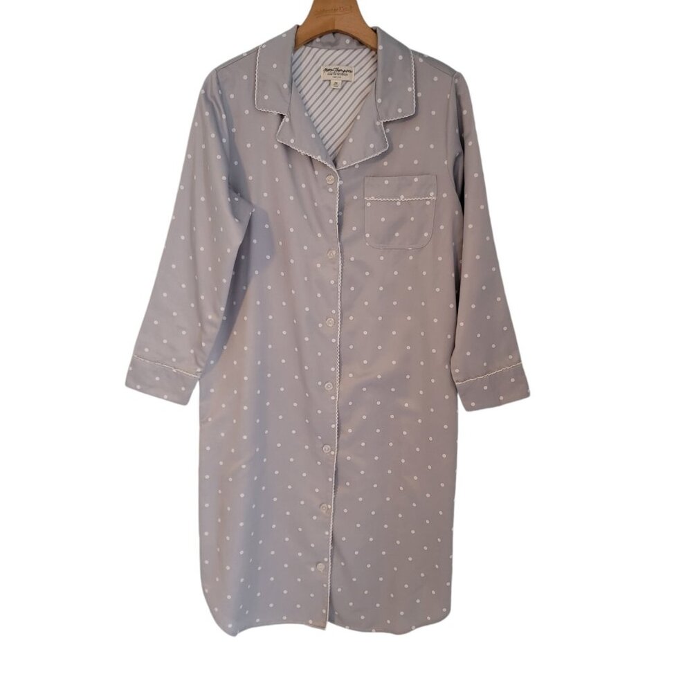 Norm Thompson Nightgown Polka Dot Gray White Button Down SZ PETITE SMALL‎ PS